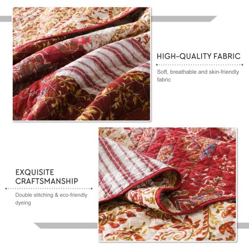 Juego de Edredon Navideno Travan de Algodon con Puntadas Reales Tamano King Juego de Ropa de Cama Acolchado Reversible con Fundas (Rojo Floral con Puntadas Reales, King 106"x92") - Imagen 7
