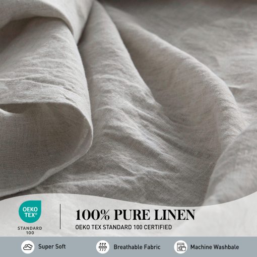 Juego de sabanas de lino lavado 100% Simple&Opulence-Tamano King-Lino Natural de Francia-4 Piezas Transpirable, Ultra Suave, Ropa de Cama Campestre (1 Sabana Plana, 1 Sabana Ajustable, 2 Fundas de Almohada)-Bordado Gris - Imagen 2