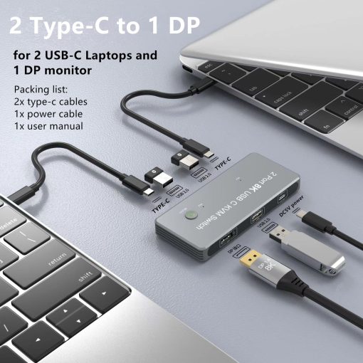Switch KVM USB Tipo-C 8K 2 en 1, 2 USB-C a 1 DP Switch KVM para 2 Laptops Comparten 1 Monitor DisplayPort, Teclado y Raton, Soporta Resolucion de 8k@30hz, 4k@60hz, 4k@144hz, Plateado - Imagen 2