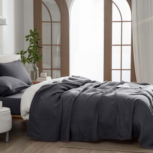 Juego de sabanas de lino EVERLY Twin, 100% sabanas de cama de lino frances lavado a la piedra, sabanas de bolsillo profundo, 3 piezas (1 sabana plana, 1 sabana ajustada, 1 funda de almohada) Juego de ropa de cama de lino natural, Gris Oscuro - Imagen 9