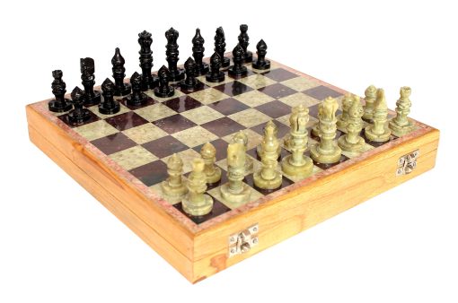 Tablero de ajedrez de madera tallada a mano con incrustaciones de piedra de 14" x 14" con juego de piezas de piedra artesanales