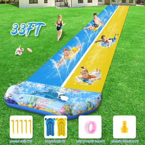 VEEST 33 FT Tobogan de Agua Extra Largo para Ninos y Adultos, Doble Tobogan de Agua para Cesped con 2 Tablas, Juguetes de Verano para Tobogan de Agua con Colchoneta de Choque para Patio Exterior - Imagen 4