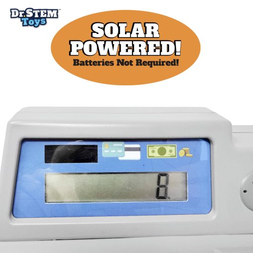 Juguete educativo Dr. STEM Pretend & Play Calculadora registradora con dinero de juego - Funciona con energia solar, set de 67 piezas para aprender habilidades matematicas, caja registradora STEM para ninos (Gris) - Imagen 6