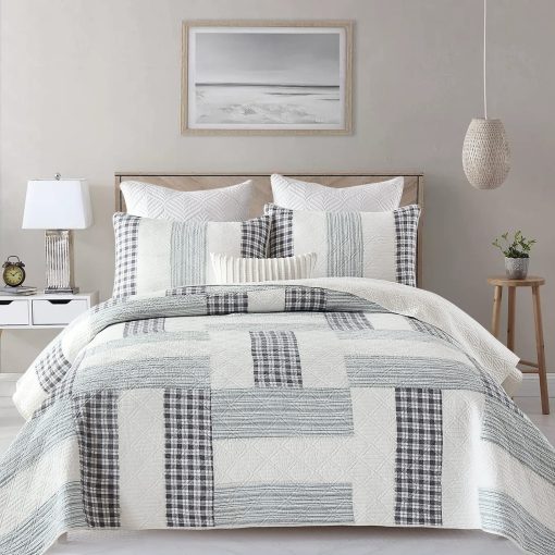 Colcha Queen Size Finlonte 100% Algodon Suave y Ligera Verdadero Patchwork Plaid Colcha Acolchada Conjunto de Ropa de Cama en Blanco Gris Negro 3 Piezas