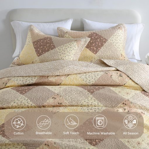 Colcha de Cama de 120"x120" Estilo Sobredimensionado California King de Finlonte, 100% Algodon Colcha Cal King Acolchada, Reversible Acolchado Extra Grande de Estilo Granja XL, Marron/Blanco Crema, 3 Piezas - Imagen 5
