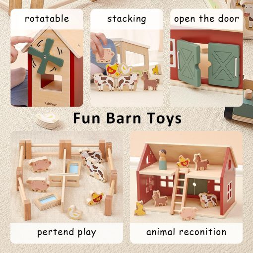 Juego de Juguetes de Granja de Madera PairPear, Granja de Juguete Roja para Niños con Figuras de Animales de Granja y Tractor, Juguetes de Aprendizaje Educativos para Niñas y Niños de 3+ - Imagen 4