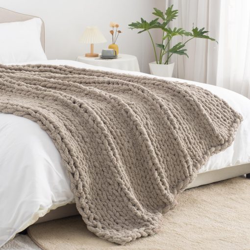 Manta de Punto Grueso para Lanzar 60"X 80", 100% Hecha a Mano con Hilo de Chenille Suave, 6.7lbs Mantas Gruesas de Punto de Cable, Grandes Lanzamientos de Ganchillo de Nudo de Cuerda para Sofa de Cama Decoracion del Hogar, Taupe - Imagen 8