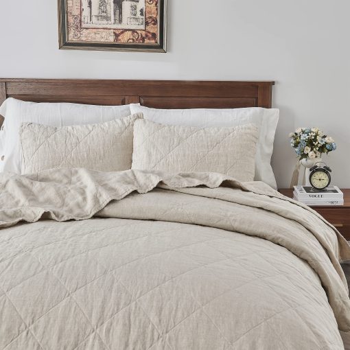 Juego de Edredon de Lino SiMBOLO DE VICTORIA Tamano King-3 Piezas Cubrecamas de Cama, Colchas de Todas las Estaciones, Cubrecamas de Lino Lavado y Relleno de Bambu, Colcha Acolchada - Imagen 4