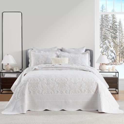 Colcha extragrande QuiltEase para cama King - 120" L x 120" W Extra Wide - Juego de colchas bordadas 100% algodon ligero - Colcha reversible California King - 3 Piezas - Blanco