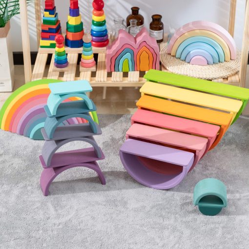 MERRYHEART Juguete de Arco Iris de Madera Apilable, 12 Piezas de Arco Iris de Madera, Juguete de Apilamiento de Arco Iris Extra Grande, Bloques de Construccion de Rompecabezas de Anidacion Juguetes Educativos para Ninos Pequenos - Imagen 6
