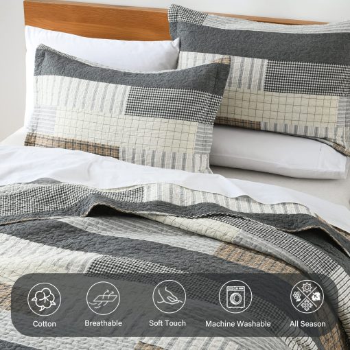 Colcha Finlonte tamano King 100% algodon Gris Negro Marron Colchas Acolchadas Juego de conforter a cuadros Ligero Reversible Suave Transpirable Juegos de Ropa de Cama para Todas las Estaciones, 3 Piezas - Imagen 4