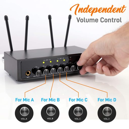 Sistema de Microfono Inalambrico UHF Portatil Pyle - Set de Cuatro Microfonos Bluetooth Inalambricos con Bateria, 50 Canales de Frecuencia Selectable, Base Receptora, AUX, Karaoke DJ Fiesta - Pyle PDWM4120 - Imagen 4