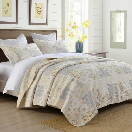 Colcha QuiltMuse Tamano King Extremadamente Grande 120"x120" - Cubrecama King de Algodon 100% Ligero con 2 Fundas de Almohada, Colcha Extra Grande Reversible con Estampado Floral para King/Cal King, Beige