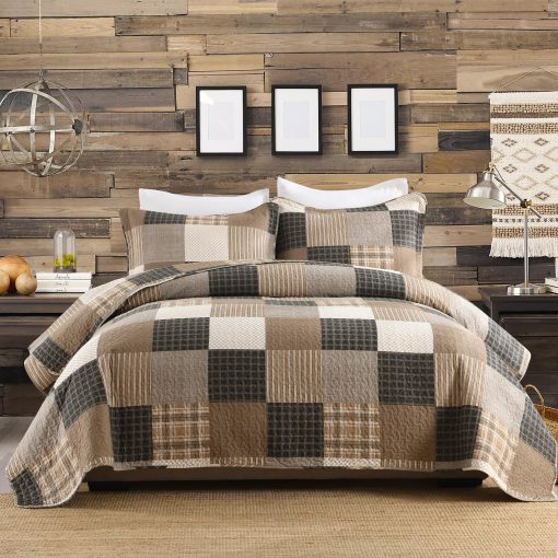 Juego de Edredon Patchwork 100% Algodon Queen - Colcha de Cuadros en Estilo Granja para Cama Queen, Set de Edredon Suave y Ligero para Todas las Estaciones, Juego de Ropa de Cama Rustica 3pcs, Cafe/Negro