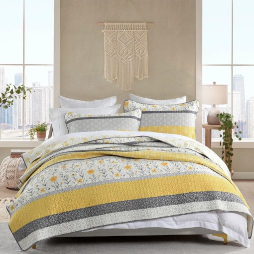 Juego de Edredon de Algodon 100% PANGUSHAN para Cama Queen, Juego de Edredon de Tamano Queen, Edredon Reversible Floral de Estilo Granja en Amarillo, Cubrecama Acolchado Ligero para Cama Queen, 3 Piezas, Amarillo/Gris/Blanco - Imagen 3