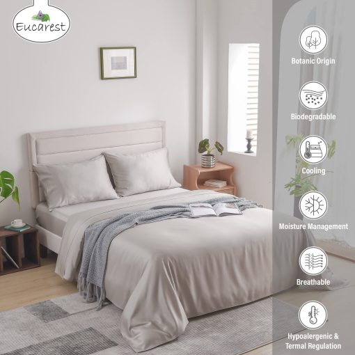 Juego de Sabanas Dividido Split-King de Eucalipto Lyocell, Hipoalergenicas 100% Organicas de Tencel, Regulacion Termica y Absorcion de Humedad para Personas Calurosas, Calidad de Hilo Superior, Bolsillos Extra Profundos - Gris - Imagen 3
