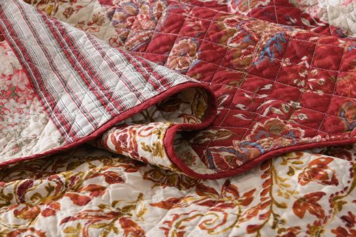 Juego de Edredon Navideno Travan de Algodon con Puntadas Reales Tamano King Juego de Ropa de Cama Acolchado Reversible con Fundas (Rojo Floral con Puntadas Reales, King 106"x92") - Imagen 6