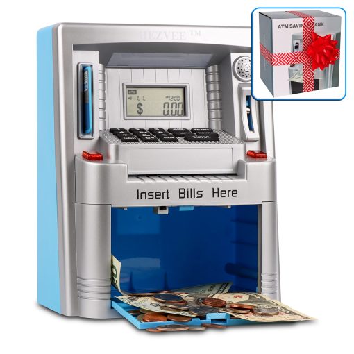Hucha de cajero automatico para dinero real - Enseñando responsabilidad financiera a los niños, una hucha para niños mayores de 3 años - Combina diversion, aprendizaje para la banca, una hucha digital para niños - Empieza a ahorrar (Plata y Azul)