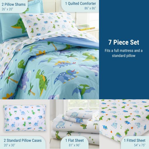 Wildkin 100% Algodon 7 Piezas Full Bed-in-A-Bag para Ninos y Ninas, Juego de Ropa de Cama Incluye Edredon, Sabana Plana, Sabana Ajustable, Dos Fundas de Almohada y Fundas de Almohada para Abrazos Calidos (Tierra de Dinosaurios) - Imagen 3