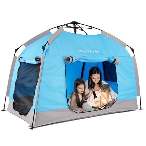 Casa de juegos facil de armar para niños con bonita tira de luces LED y 3 grandes aberturas, carpa de juegos portatil para niños y habitacion privada para juegos interiores y exteriores con bolsa de transporte - Espacio libre para niños pequeños - Regalos de cumpleaños