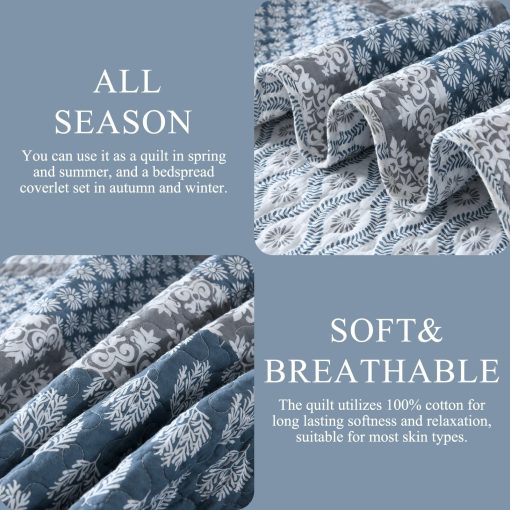 Edredon Floral Tamano King - 100% Algodon Reversible Edredon King con 2 Fundas de Almohada, Suave Edredon King Ligero Juego de Ropa de Cama Tamano King, Azul/Gris Country, King - Imagen 5