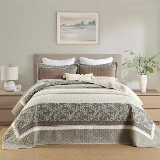 Colcha King Oversized DDUOXIN 128" W x 120 L - Edredon California King 100% Algodon con 2 Fundas de Almohada, Juego de Colcha Reversible de Peso Ligero, Beige/Marron/Gris, 3 Piezas