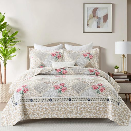 Colcha de Pared 100% Algodon de Gran tamano 128"x120", Colchas California King livianas, Colchas florales extra grandes, Colcha Reversible Acolchada para Cama, 3 Piezas, Marron - Imagen 3