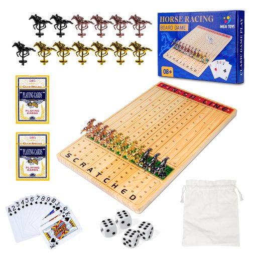 Juego de mesa de carreras de caballos MEA TOYS de 15.6 pulgadas, 13 caballos de metal, 4 dados, 2 cajas de cartas, emocionante juego de carreras de caballos para 11 jugadores con madera maciza, facil de jugar, ideal para edades 8+ para disfrutar en familia y con amigos