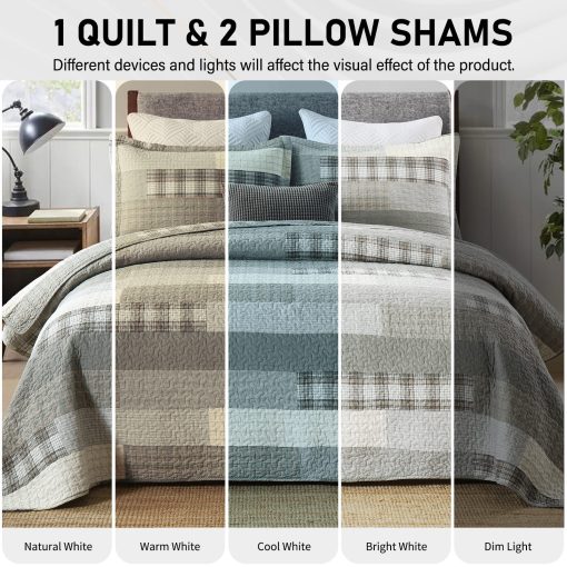 PERHOM Colcha Queen de 100% Algodon, Juego de Colchas Queen en Gris (Gris) con Cuadros a Cuadros, Colcha de Cama Queen de Tamano Grande Reversible y Suave para Todas las Estaciones, 3 Piezas - Imagen 3