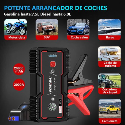 Arrancador de Coche FOWAWU 2000A Pico 20800mAh Portatil para Automovil (Hasta 7.5L de Gasolina y 6.0L de Diesel), Bateria de Arranque de Coche con Cable Inteligente de Seguridad, Luz LED USB Salida DC 12V - Imagen 5