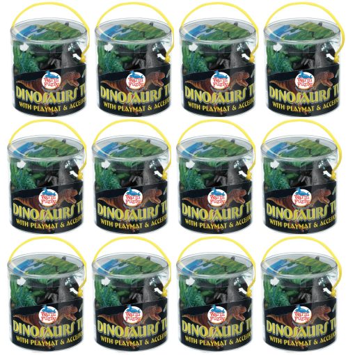 Juguetes Educativos WARM FUZZY para Ninos - Caja completa de 12 Tubs con Figuras de Dinosaurios Variados - Cada Tubo incluye Tapete de Plastico de 17?x12? para Fiesta, Premio, Carnaval de PTA o Recaudacion de Fondos Escolares