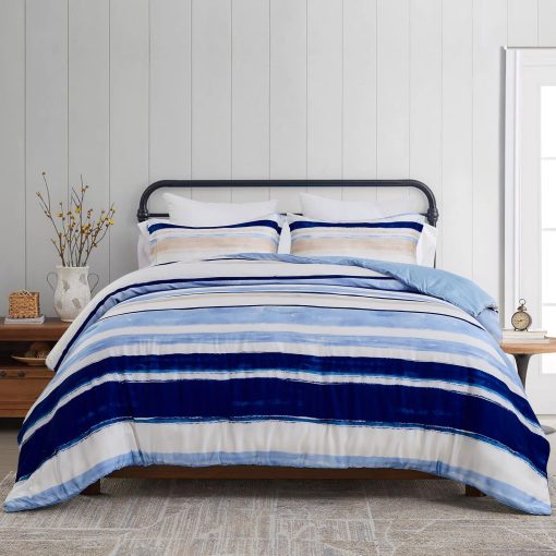 Juego de ropa de cama de lujo Finlonte King - Edredon Queen de Lyocell algodon, edredon acolchado a rayas acuarela, edredon azul moderno para todas las estaciones, 3 piezas, 104"x90" - Imagen 2