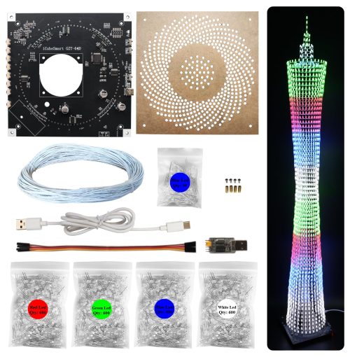 Kit Electronico DIY iCubeSmart Led Canton Tower, Modelo de Cubo LED para Proyecto de Soldadura Hecho a Mano, 64 Circulos LED, Altura 1 Metro (GZT-64)