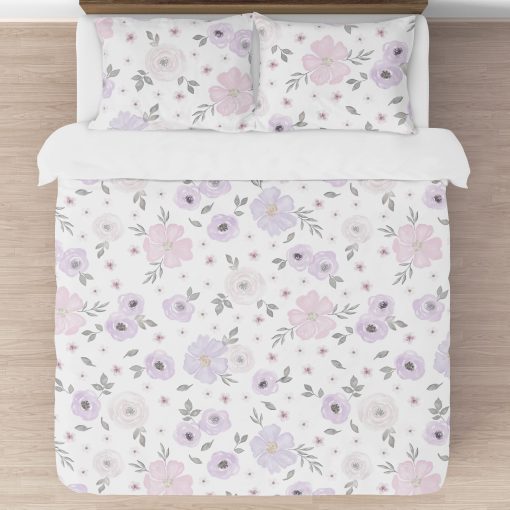 Set de Edredon para Ninas Sweet Jojo Designs Lavanda Morado, Rosa, Gris, y Blanco - Estilo Shabby Chic con Flores Acuarela - Tamano Full/Queen - 3 Piezas - Rosas - Imagen 3