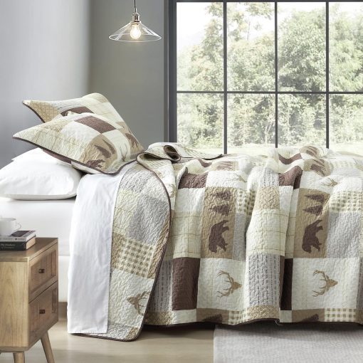 Juego de Edredon de Patchwork 100% Algodon Tamano Queen - Estampado de Animales y Cuadros, Edredon Ligero de Patchwork, Funda Suave para Decoracion del Hogar Juego de Cama 3 piezas para Todas las Estaciones, Beige/Marron - Imagen 3