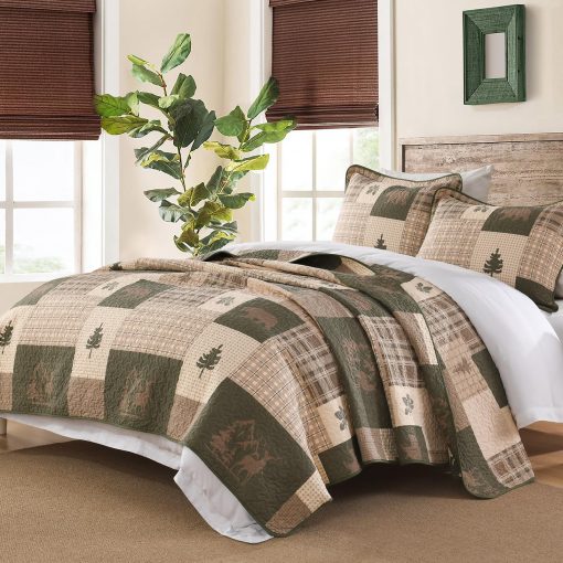 Juego de edredon SahSahCasa 100% algodon tamaño Queen, reversible de estilo rustico de cabaña de campo de granja, juego de ropa de cama, edredon ligero para cama Queen, 3 piezas, beige/verde grisaceo/marron - Imagen 2
