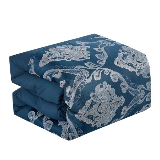 Juego de edredon Daryl Jacquard Azul de 7 piezas, Juego de ropa de cama con medallon - Tamaño Queen - Imagen 4