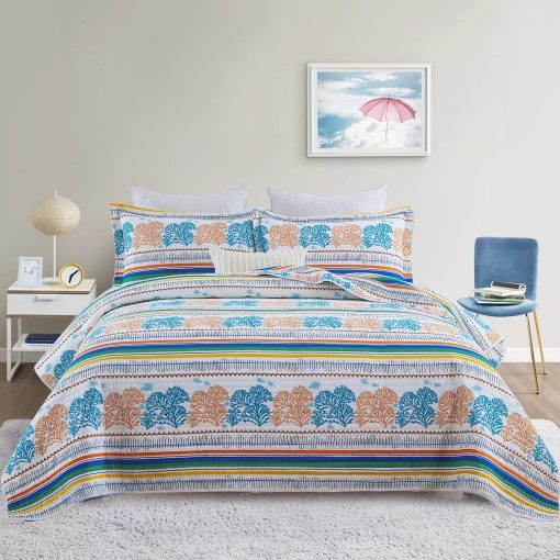 Juego de Colcha Queen Finlonte, Colcha de Algodon Queen Ligera, Diseno de Coral Costero Colchas Tamano Queen, Suave Juego de Cama de Colcha Queen Transpirable y Amigable con la Piel para Todas las Estaciones, 3 Piezas