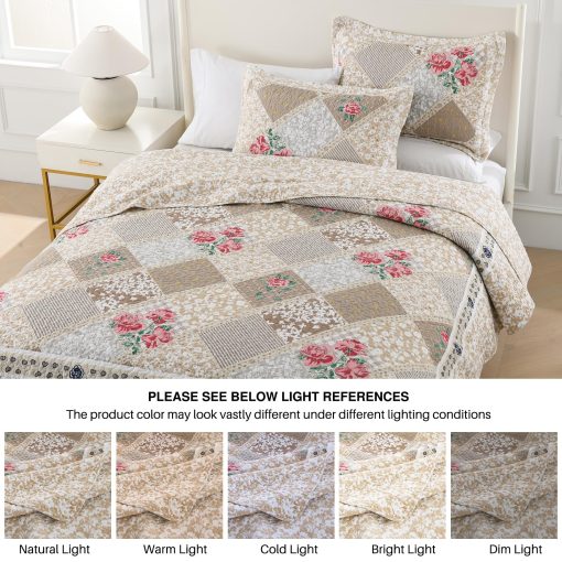Colcha de Cama Floral Extra Grande King 128"x120" - 100% Algodon Reversible Colcha California King con 2 Fundas de Almohada, Colcha de Cama King Ligera, Marron, Cal King - Imagen 7