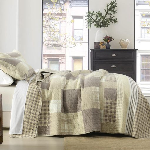 Juego de Edredon CozyStitch King - 100% Algodon Cuadros Geometricos Juego de Ropa de Cama con 3 Piezas en Marron Beige Blanco