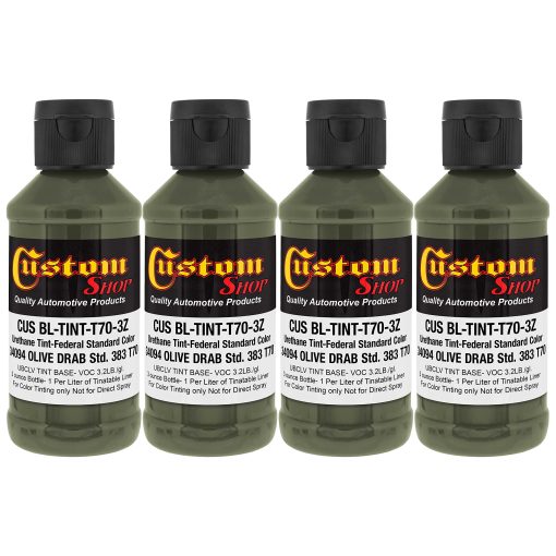 Paquete de 4 Botellas de 3 Onzas de Custom Coat Serie Camuflaje (Color Verde Oliva Estandar Federal #34094) - Concentrado de Tinte de Uretano para Tinte de Revestimientos para Camas de Camion - Resina Epoxi