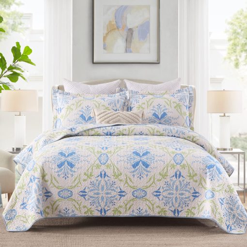 Colcha Queen Size SahSahCasa, 100% Algodon Colcha Floral Queen, Juego de Colcha Queen Edredones, Colchas Reversibles Ligeras para Cama Queen, para Todas las Estaciones, Azul/Verde, 3 Piezas