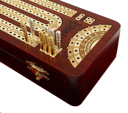 Tablero de Cribbage Continuo de 12 1/2" con Almacenamiento de Cartas en Madera de Arce y Pistas de Madera Roja