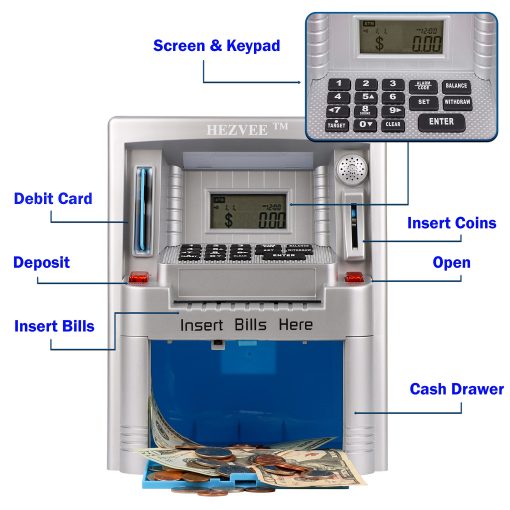 Hucha de cajero automatico para dinero real - Enseñando responsabilidad financiera a los niños, una hucha para niños mayores de 3 años - Combina diversion, aprendizaje para la banca, una hucha digital para niños - Empieza a ahorrar (Plata y Azul) - Imagen 3