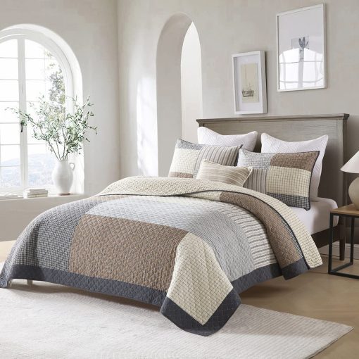 Juego de Ropa de Cama PERHOM - Edredon Ligero Queen 100% Algodon, 3 Piezas Colcha/Cubrecama a Cuadros de Estilo Granja, Marron Beige Gris, Todas las Estaciones, Queen (98"x90") - Imagen 2