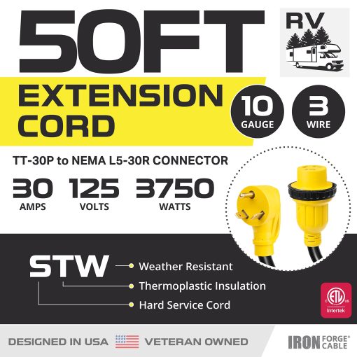 Cable de Extension para RV de 30 Amperios Iron Forge 50 Pies - 10/3 STW TT-30P a NEMA L5-30R Cable de Alimentacion para RV 125v - Imagen 2
