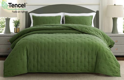 Juego de Edredon Chezmoi Collection de Tencel Modal Mezcla Tamano King, Verde Bosque - Edredon Ligero Suave con Diseno de Puntada en Forma de Luna para Todas las Estaciones - Imagen 2