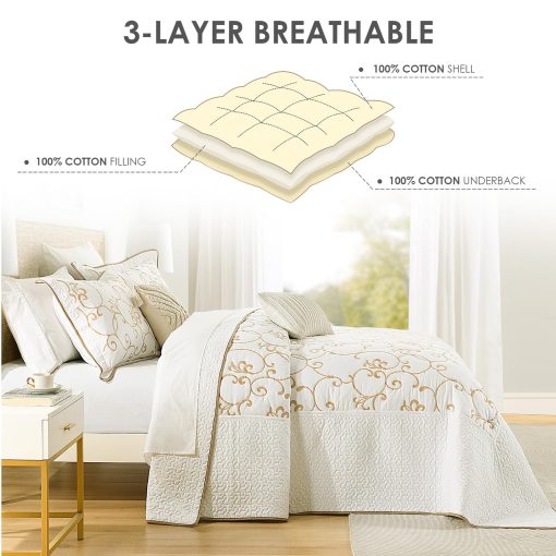 Colcha Queen Oversized QuiltEase - 120" Lx102 W - Juego de Cubrecamas de Bordado Ligero 100% Algodon - Colcha Extra Ancha Reversible - 3 Piezas - Beige/Blanco - Imagen 4