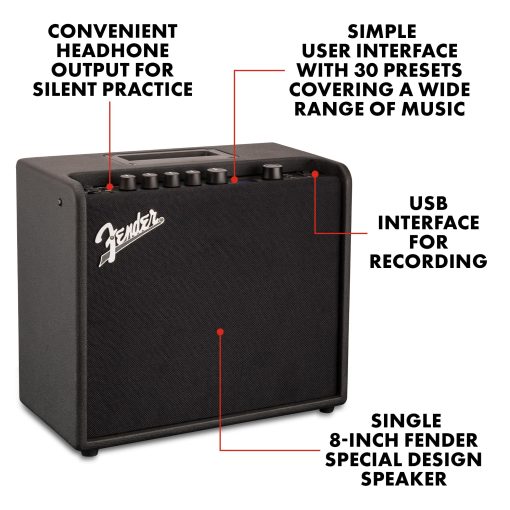 Amplificador de Guitarra Fender Mustang LT25, Combo de 25 Vatios, con Garantia de 2 Años, 30 Efectos Preestablecidos con Interfaz de Audio USB para Grabacion - Imagen 2