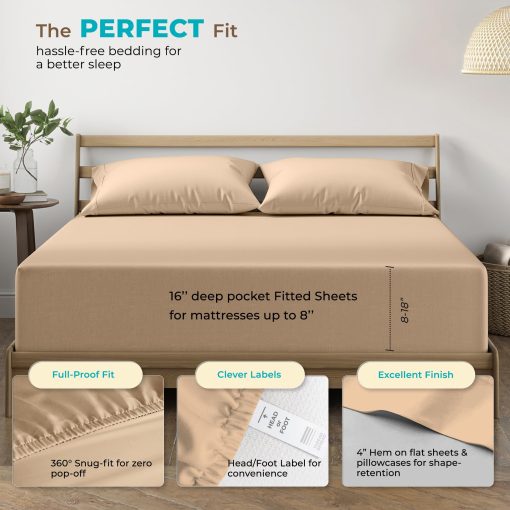 Juego de Sabanas Split King 100% Algodon Egipcio Thread Spread para Cama Ajustable - 800 Hilos 5 PC Sabana Superior Split King para Cama Sleep Number, Sabanas Suaves y Frescas, Se Adapta a Colchon de Hasta 18" - Taupe - Imagen 4